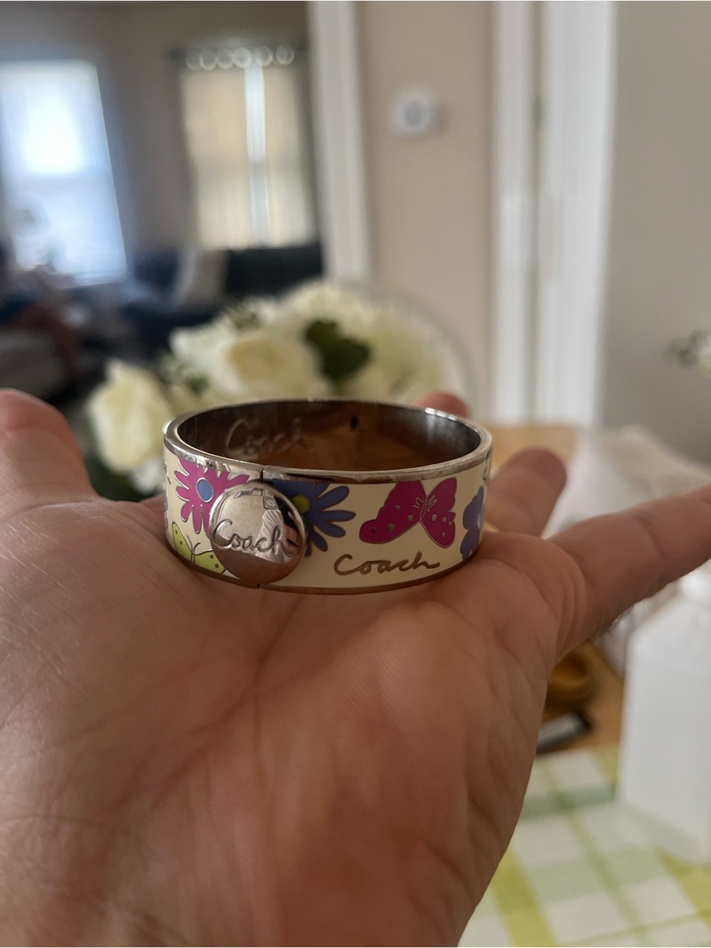 COACH LUXURY WHITE/ MULTI-COLOR ENAMEL BUTTERFLY CUFF BANGLE BRACELET 7" 18MM